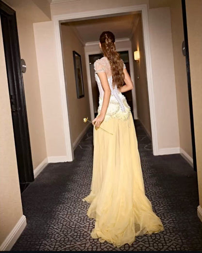 Exquisite Stunning A Line Pearl Yellow Chiffon Party Dress Evening Dress Date Dress DP2946