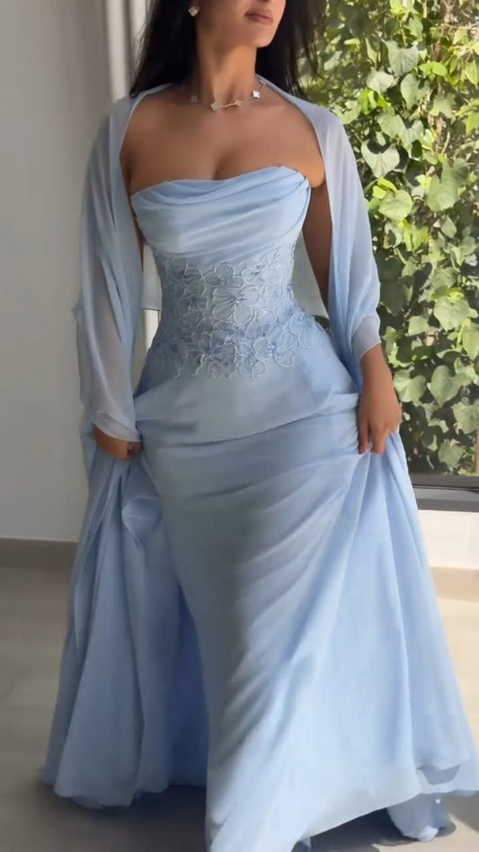 Baby Blue A Line Strapless Appliques Chiffon Prom Dress Graduation Prom Dress DP6661