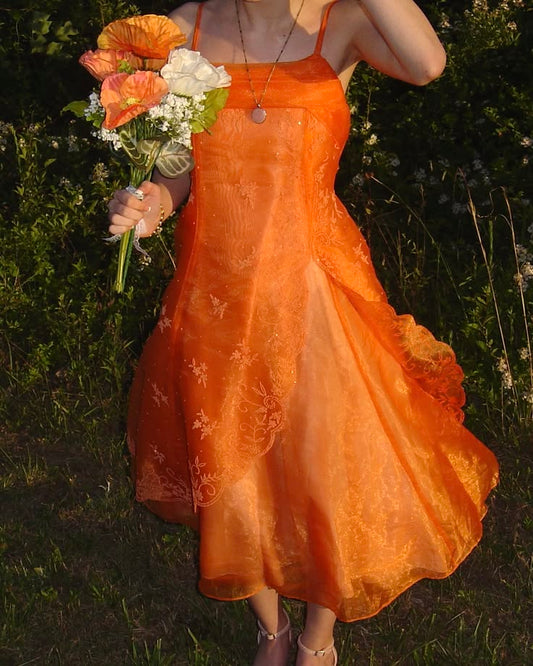Vintage Orange A Line Spaghetti Strap Beaded Organza Long Prom Dress DP8153