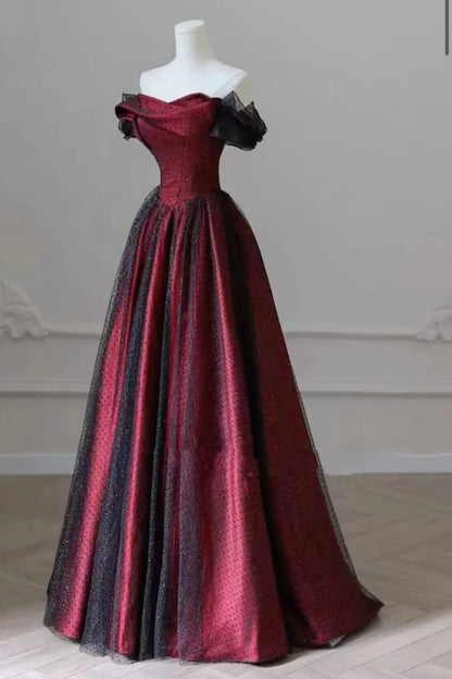 Elegant A Line Off the Shoulder Black Tulle Burgundy Satin Long Prom Dresses Evening Gowns DP4208