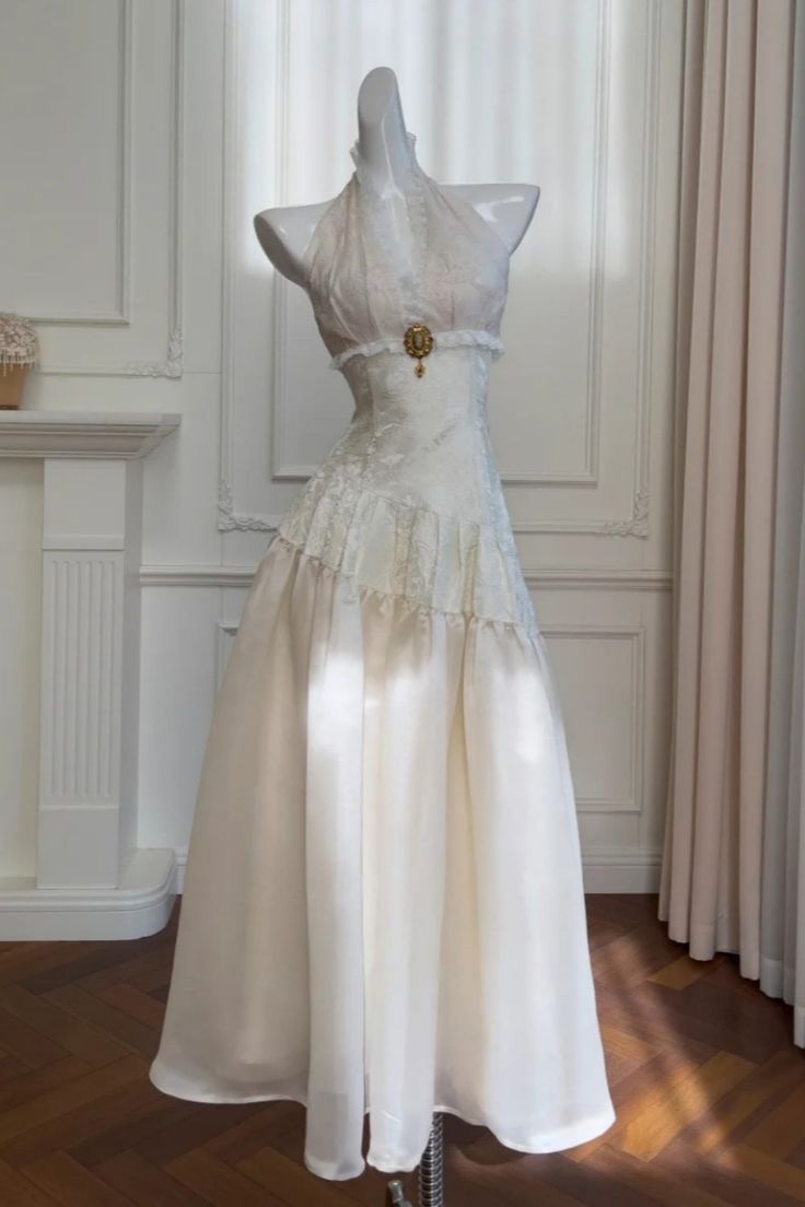 Vintage A Line V Neck White Print Floral Lace Satin Long Prom Dress Evening Dress DP4741