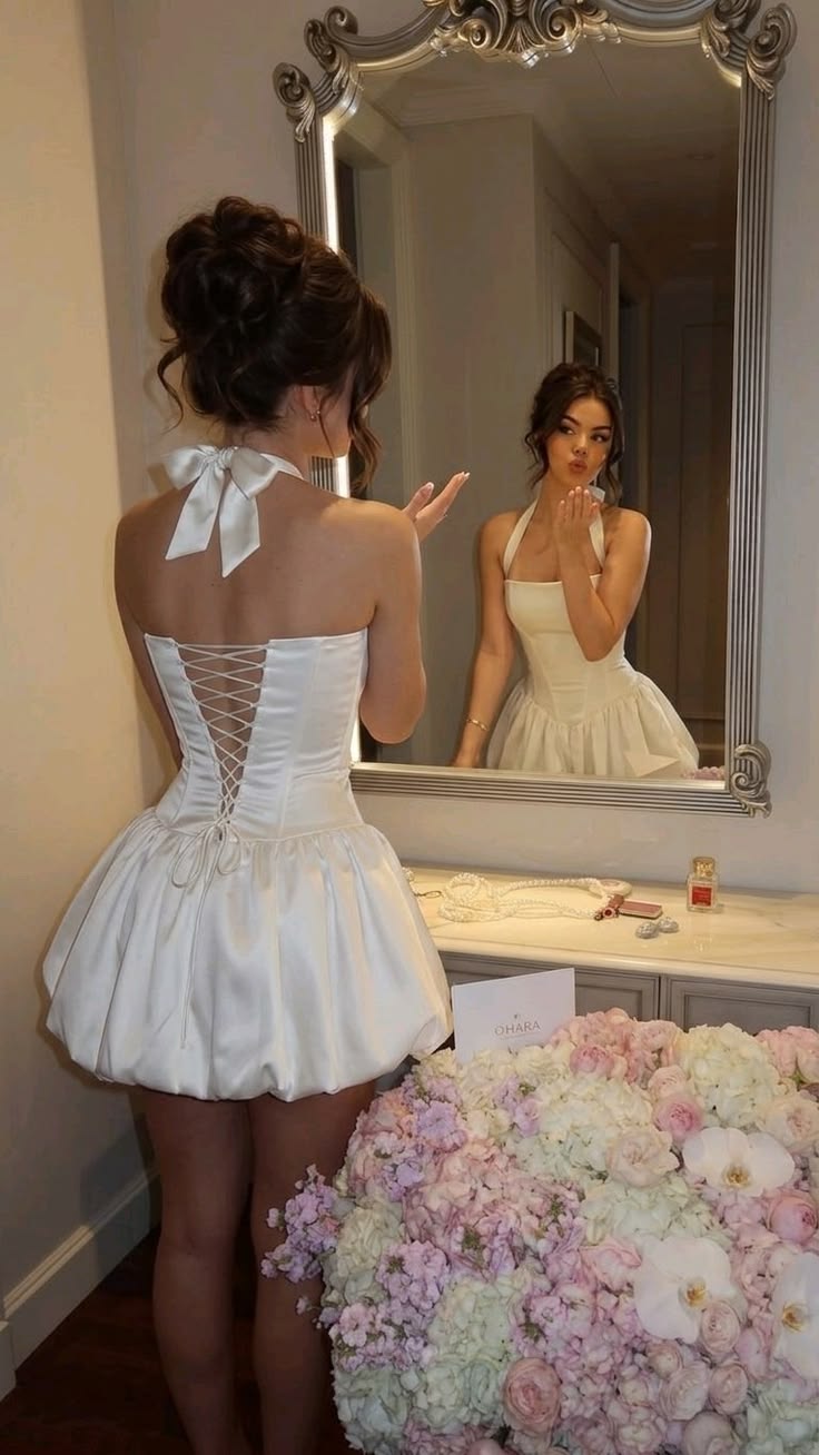 Cute A Line Halter White Satin Backless Short Prom Dress Homecoming Dress DP7106