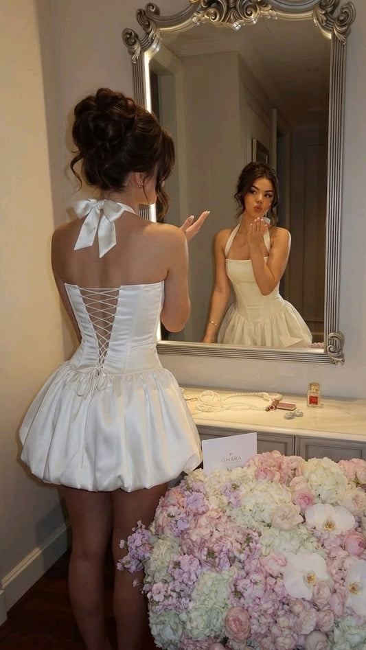 Cute A Line Halter White Satin Backless Short Prom Dress Homecoming Dress DP7106