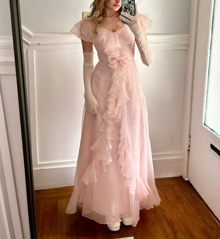 Gentle A Line V Neck Ruffle Light Pink Chiffon Prom Dress Formal Dress Party Dress DP3519
