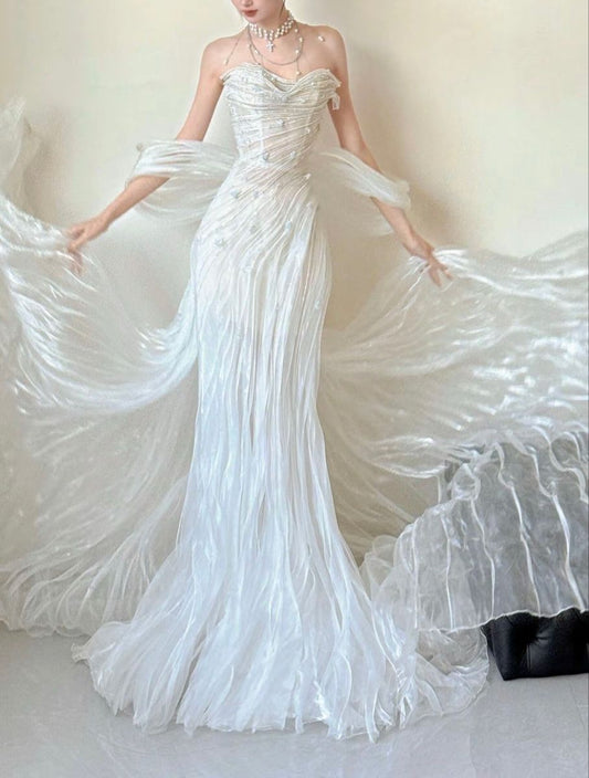Stunning Fairy Mermaid White Beaded Organza Long Prom Dress Wedding Dress DP5061