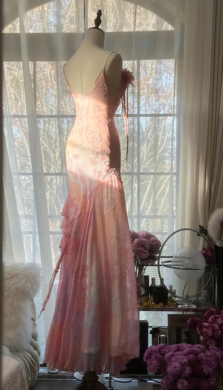 Fairytale Pink Mermaid Spaghetti Strap Beaded Ruffle Chiffon Prom Dress DP2259