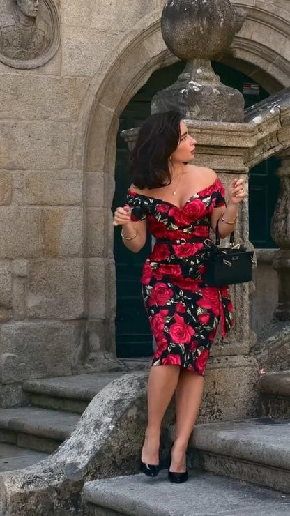 Red Rose Print Sheath V Neck Satin Short Prom Dress Homecoming Dress DP7145
