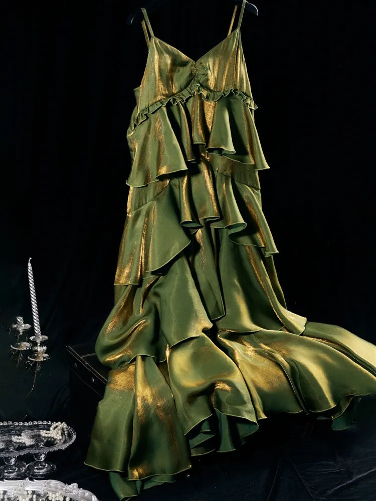 Pretty A Line Spaghetti Strap Tiered Green Satin Prom Dress Evening Dress DP1747