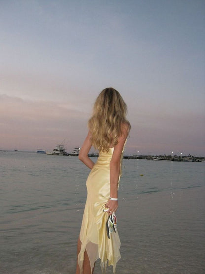Yellow Two Piece Flowy Halter Satin Chiffon Open Back Formal Party Dress Homecoming Dress DP3002