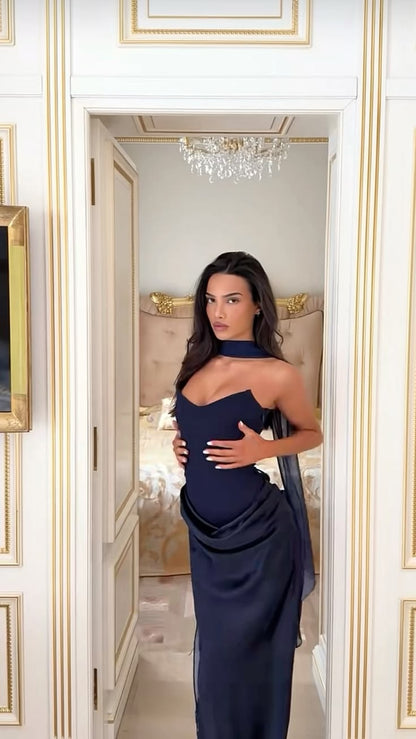 Charming Navy Blue Sheath Strapless Satin Long Prom Dress Date Dress DP6634
