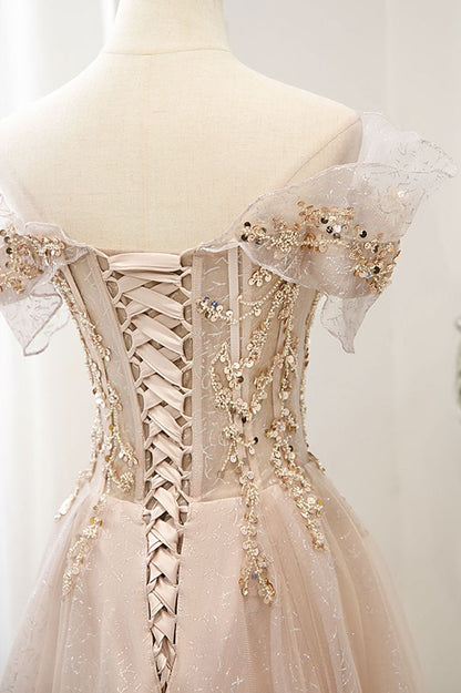 A Line Off the Shoulder Sequin Tulle Long Prom Dress Evening Dress DP1217
