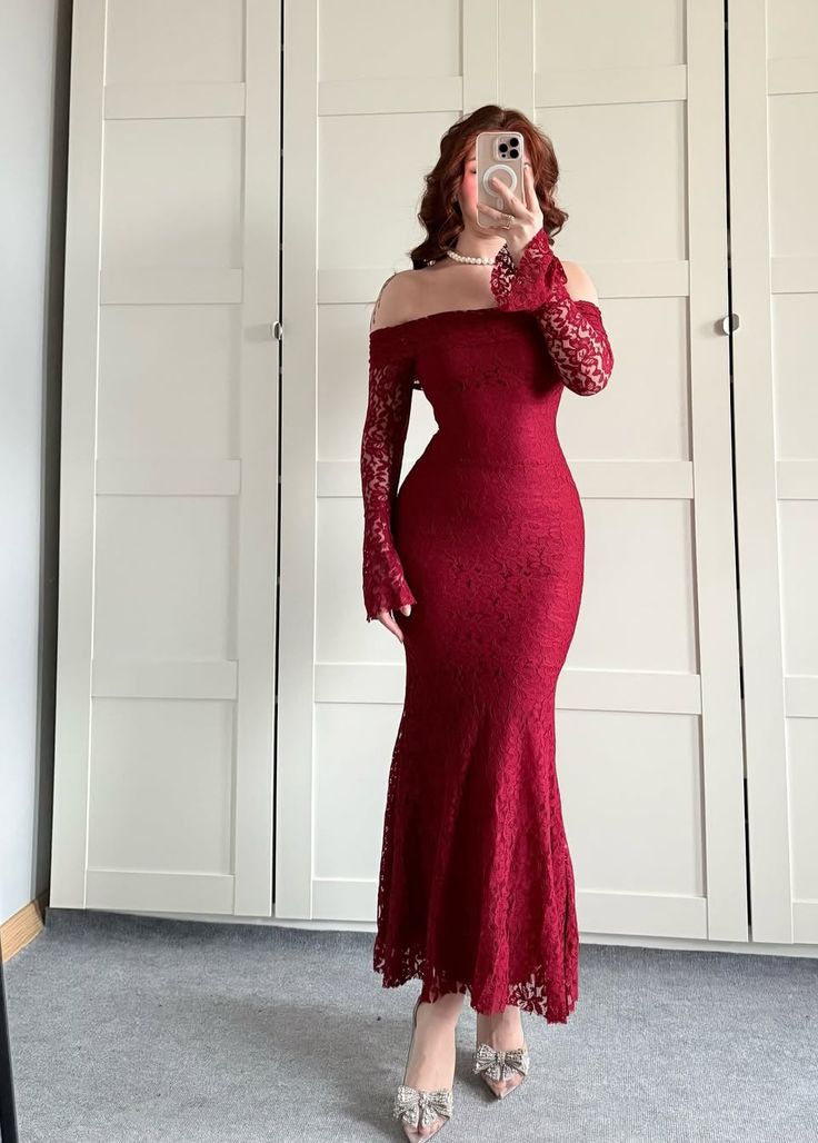 Charming Red Mermaid Long Sleeve Lace Prom Dress Evening Dress DP6721