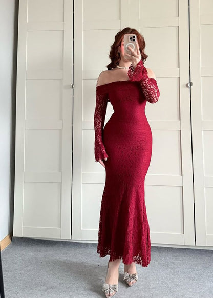 Charming Red Mermaid Long Sleeve Lace Prom Dress Evening Dress DP6721