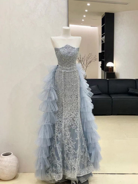 Baby Blue Gorgeous Mermaid Strapless Beaded Tulle Long Prom Dress DP2897