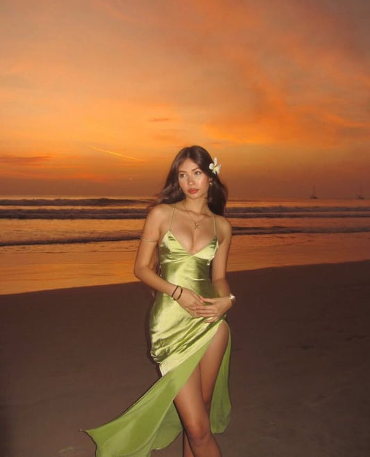 Simple Green Mermaid Spaghetti Strap Chiffon Satin Prom Dress Vacation Dress DP3982