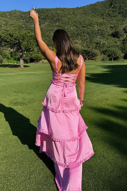 A Line Ruffles Hot Pink Satin Slit Prom Dress with Lace-up Back DP1039