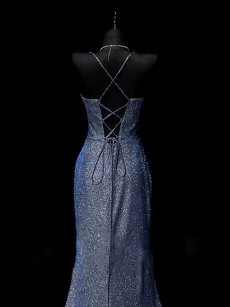 Classy Mermaid Spaghetti Straps Navy Blue Sequin Long Evening Gowns Prom Dress DP3310