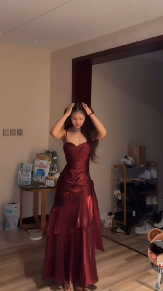 Burgundy Mermaid Spaghetti Straps Layered Satin Long Prom Dress Evening Dress DP2789