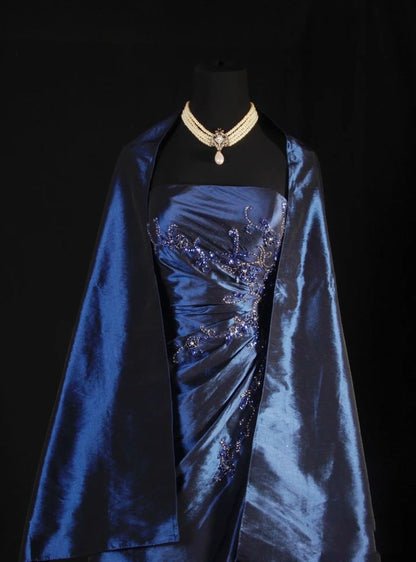 Vintage Ball Gown Strapless Navy Blue Satin Long Prom Dresses Party Dress DP3246