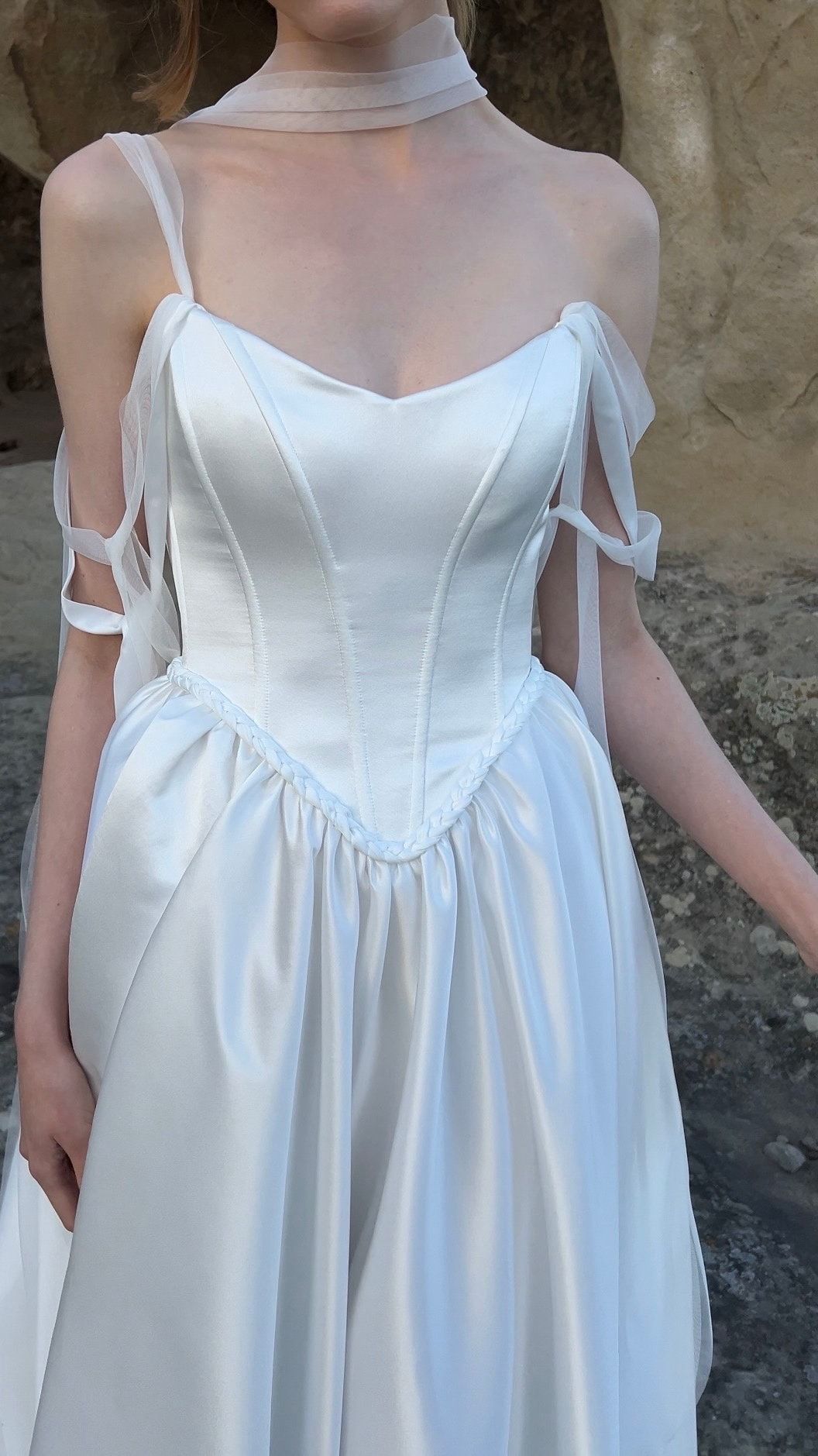 Ethereal A Line Spaghetti Strap White Tulle Satin Long Wedding Dress DP7195