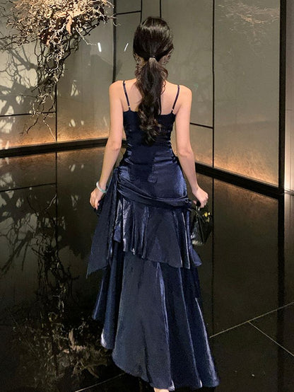 Dark Blue Mermaid Spaghetti Straps Long Prom Dresses Birthday Party Dress Evening Gowns DP4234