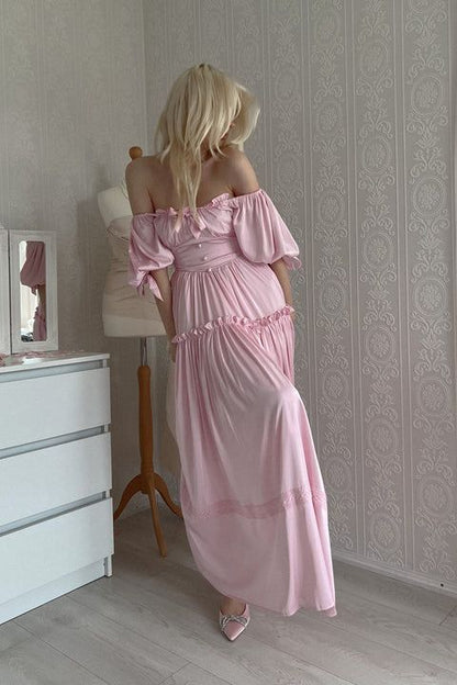 Princess Pink A Line Off the Shoulder Satin Long Prom Dress Wedding Guest Dress with Slit DP4082