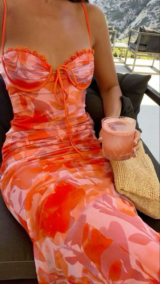 Vitality Orange Print Floral Chiffon Long Prom Dress Date Dress Cocktail Dress DP2995