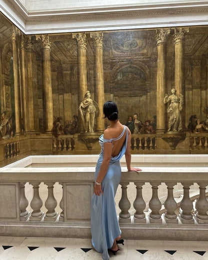 Blue Elegant Sheath Straps Satin Open Back Long Prom Dress Evening Dress DP3304