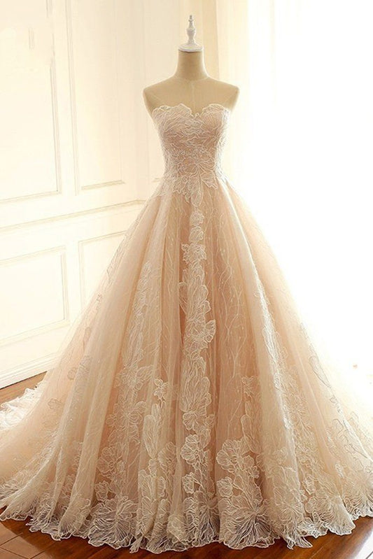 Light Champagne Lace Sweetheart Neck Long Strapless Evening Dress DP1109