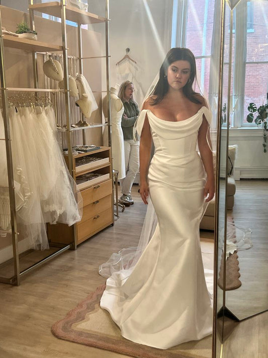 White Mermaid Off the Shoulder Pleated Satin Long Wedding Dress DP8012