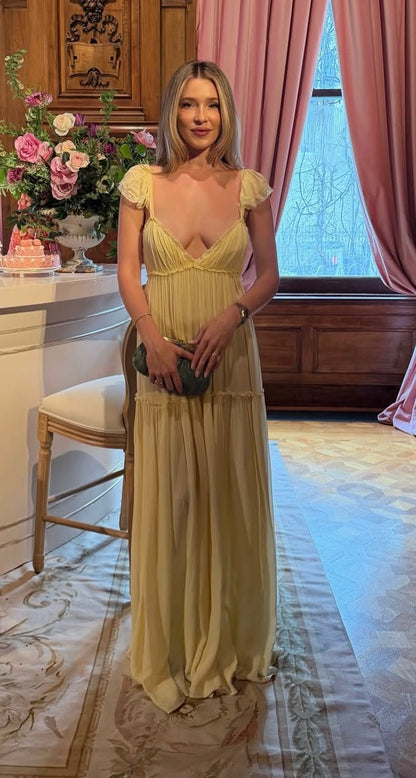 Gentle A Line Straps Light Yellow Chiffon Long Prom Dress Outfits DP6827