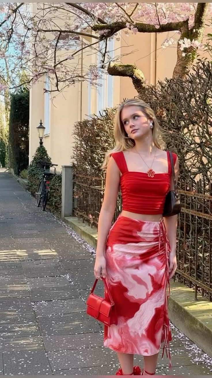 Red Two Piece A Line Straps Printed Satin Prom Dress Date Dress DP7022