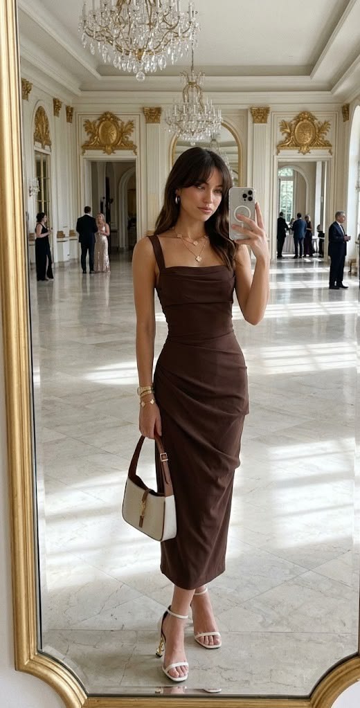 Romantic Brown Sheath Spaghetti Strap Pleated Satin Prom Dress Evening Dress DP6740