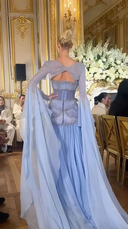 Sexy A Line Off The Shoulder Maxi Long Party Light Blue Chiffon Prom Dresses Evening Dress DP2941
