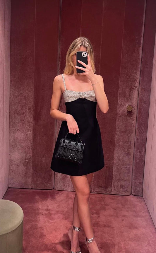 A Line Spaghetti Strap Silver Sequin Black Satin Homecoming Dress Cocktail Dress DP3163