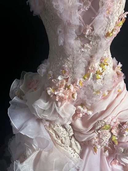 Vintage Exquisite Ball Gown Strapless Pink Floral Ruffle Tulle Prom Dress 16th Birthday Dress DP4144