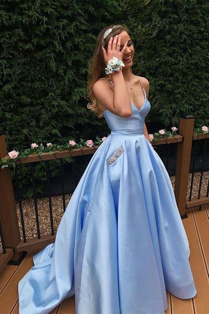 A Line V Neck Blue Satin Long Prom Dresses With Pocket DP767
