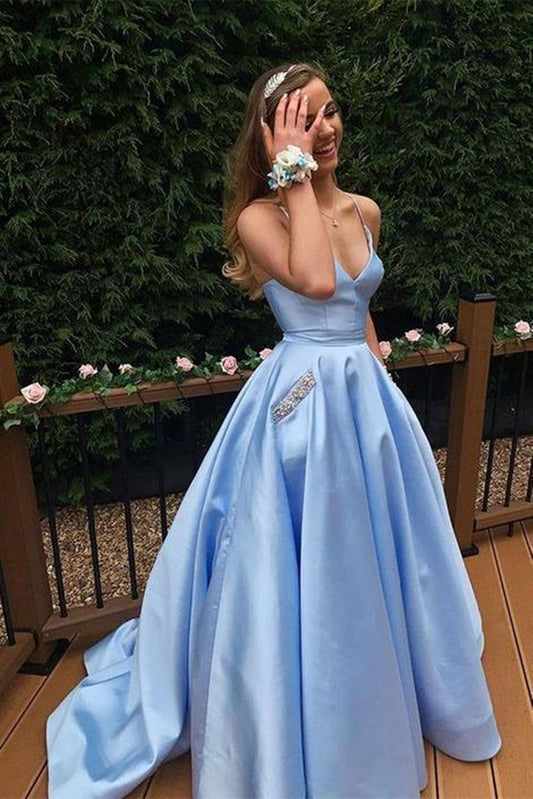 A Line V Neck Blue Satin Long Prom Dresses With Pocket DP767