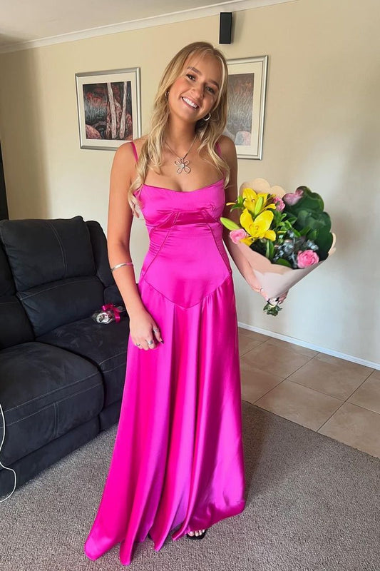 Hot Pink A Line Spaghetti Straps Satin Prom Dresses Evening Dresses DP1285