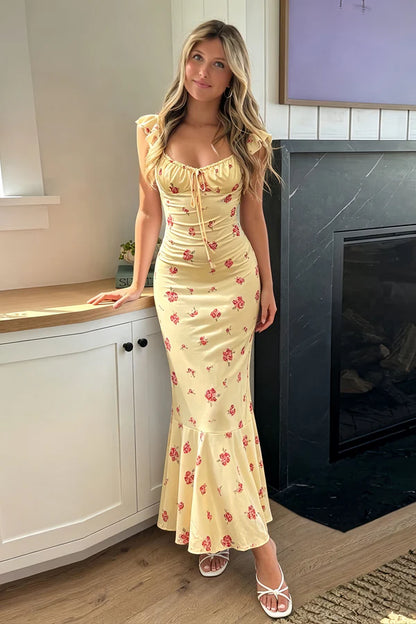 Summer Mermaid Strap Pink Flower Print Yellow Satin Prom Dress Evening Dress DP5573