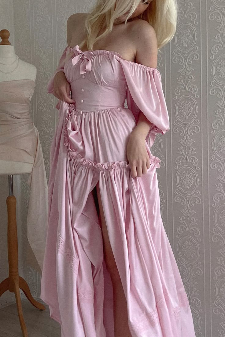 Princess Pink A Line Off the Shoulder Satin Long Prom Dress Wedding Guest Dress with Slit DP4082