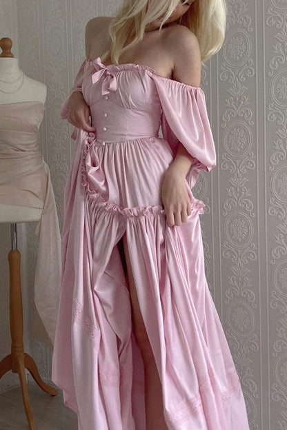 Princess Pink A Line Off the Shoulder Satin Long Prom Dress Wedding Guest Dress with Slit DP4082