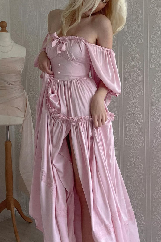 Princess Pink A Line Off the Shoulder Satin Long Prom Dress Wedding Guest Dress with Slit DP4082