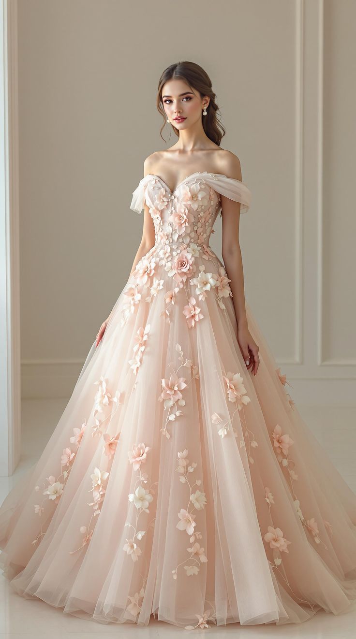 Princess A Line Off the Shoulder Floral Tulle Prom Dress Evening Dress DP3830