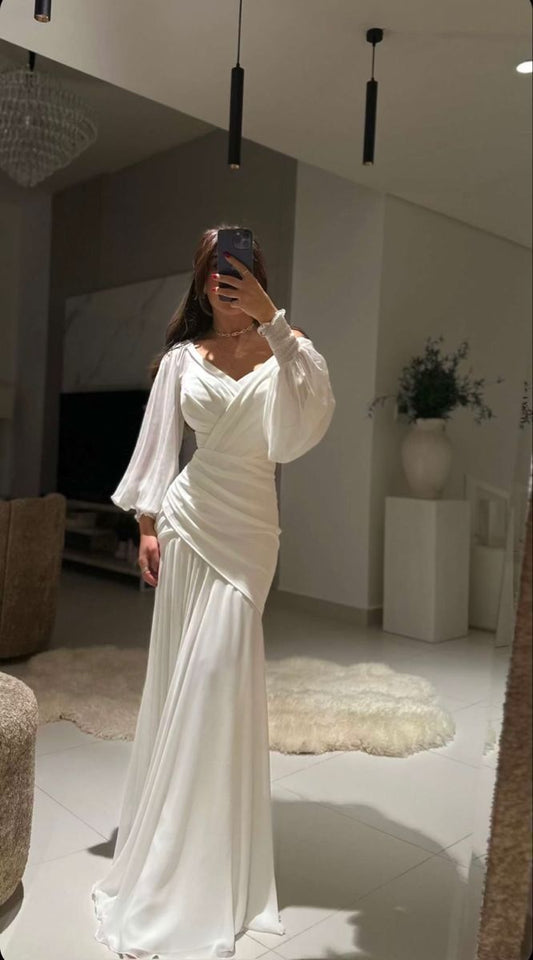 Simple White Flowy Mermaid V Neck Pleated Chiffon Prom Dress Formal Dress DP3206