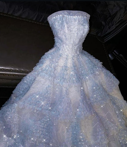 Stunning A Line Strapless Layered Beaded Blue Tulle Long Prom Dress Evening Dress DP2865