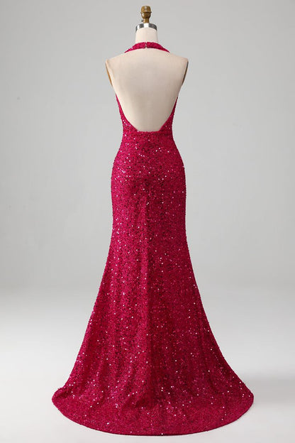 Mermaid Halter Sequin Satin Prom Dress With Slit DP775