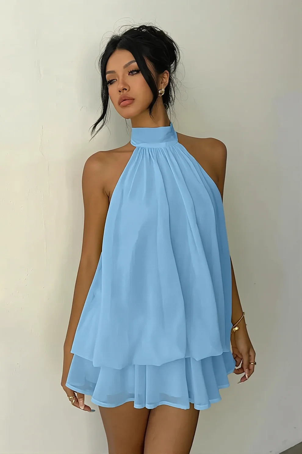 Blue A Line Halter Chiffon Backless Short Homecoming Dress DP7410