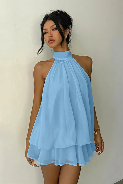 Blue A Line Halter Chiffon Backless Short Homecoming Dress DP7410