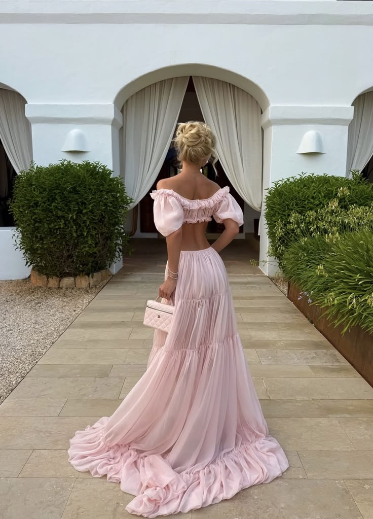 Two Piece Pink A Line Puff Sleeve Chiffon Prom Dress Evening Dress DP6907